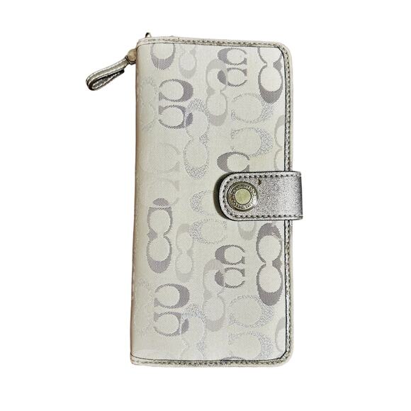 COACH Silver Gold Snap Optic Print Signature Metallic Wallet - Picture 1 of 8